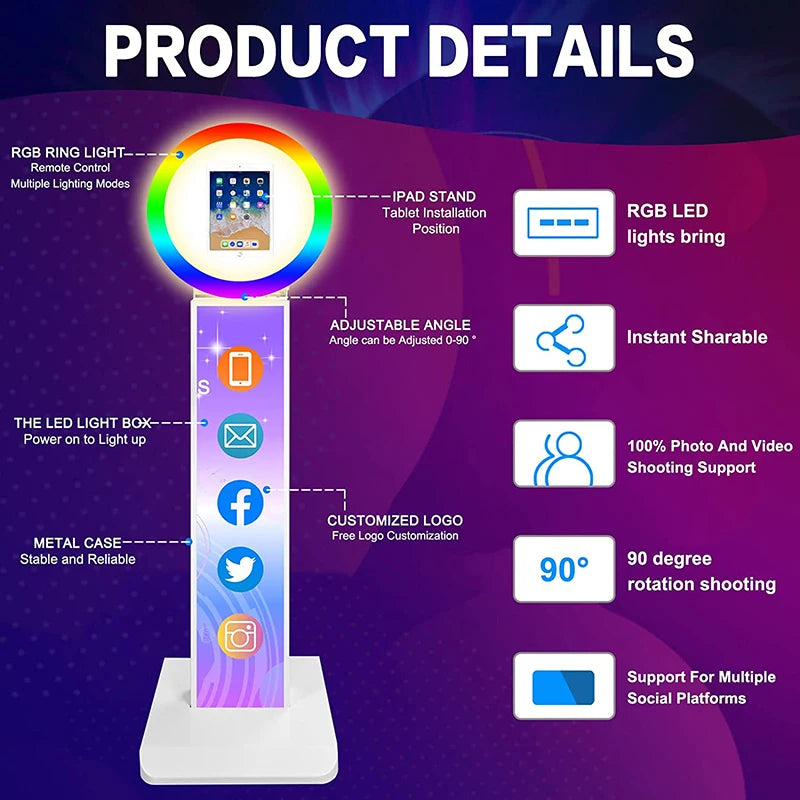 iPad Photo Booth Selfie Machine Shell Adjustable Stand Photobooth Customized LOGO With LED Ring Light For Wedding Partys Events - Image 10