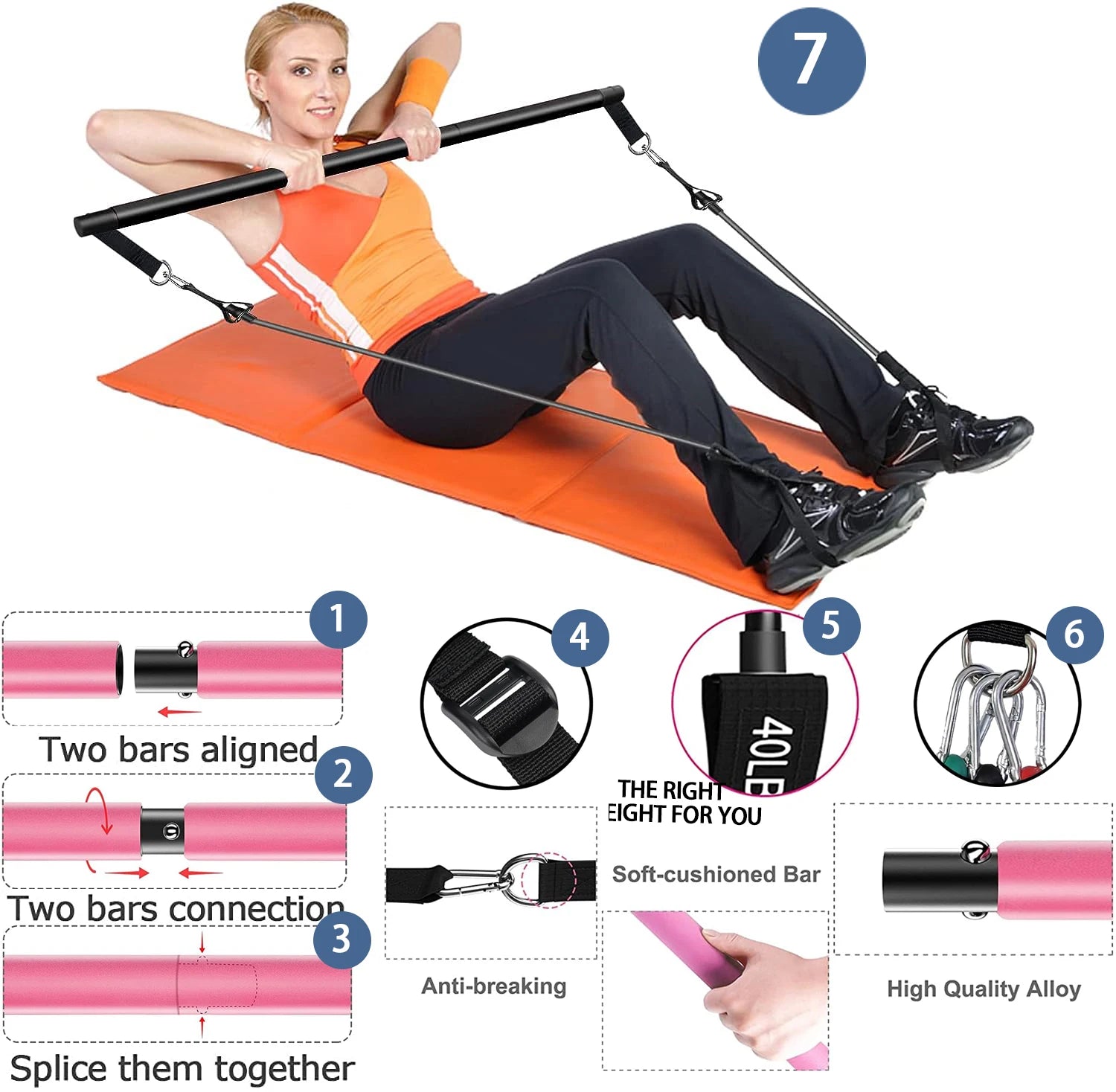 Portable Pilates Bar Set with Resistance Bands for Home Fitness - Total Body Workouts, Chest Expansion, Back Training, and Body Stretch - Image 7