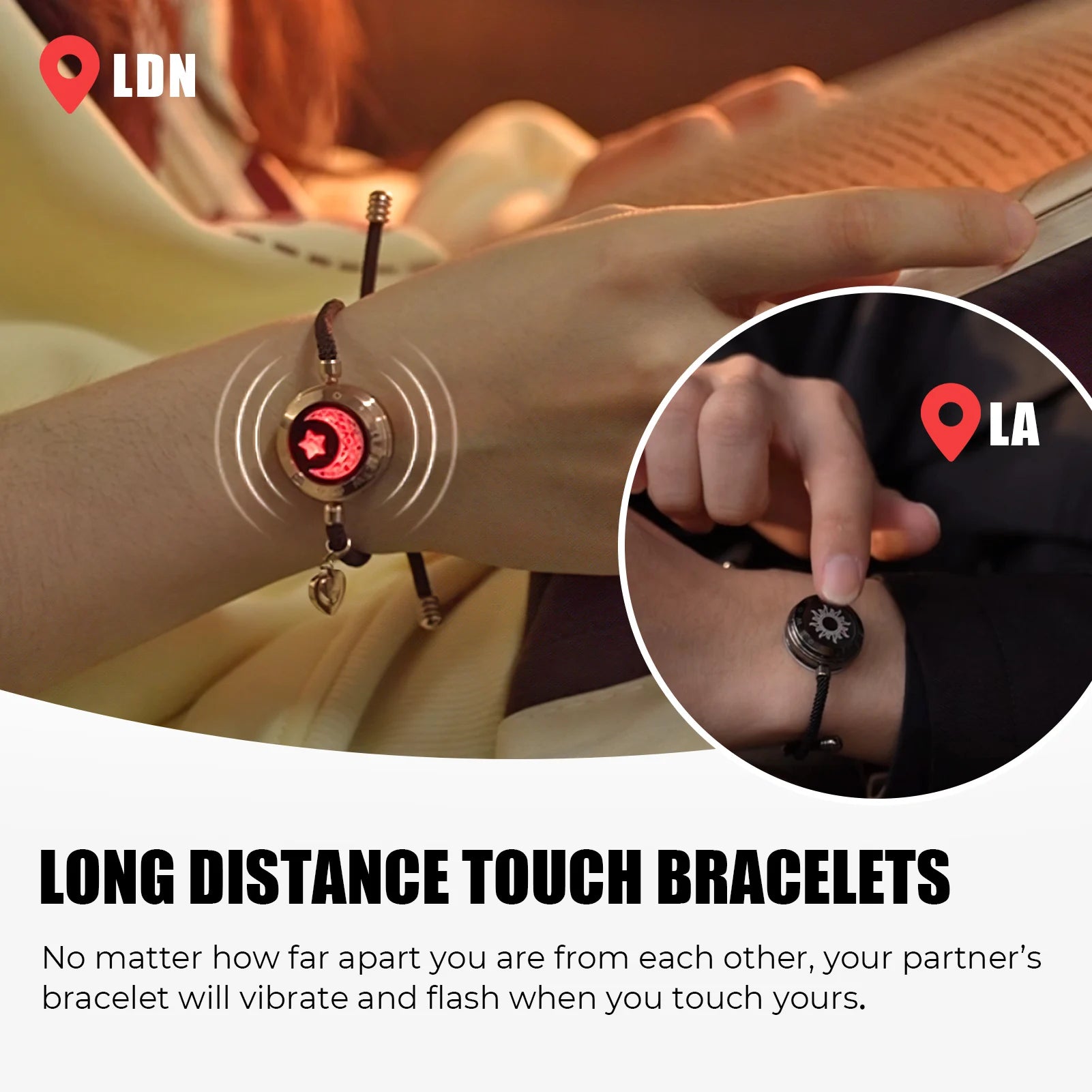 totwoo Long Distance touch Light up&Vibrate Bracelets for Couples, Long Distance Relationship Gifts Smart Sun&Moon Love Bracelet - Image 4